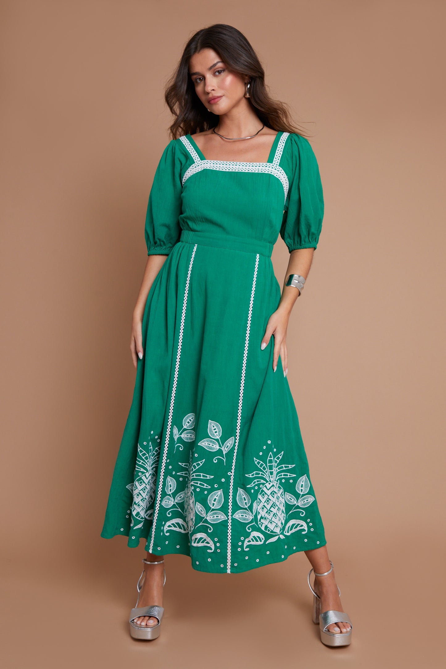 Another Sunday Puff Sleeve Dress With Embroidered Detail