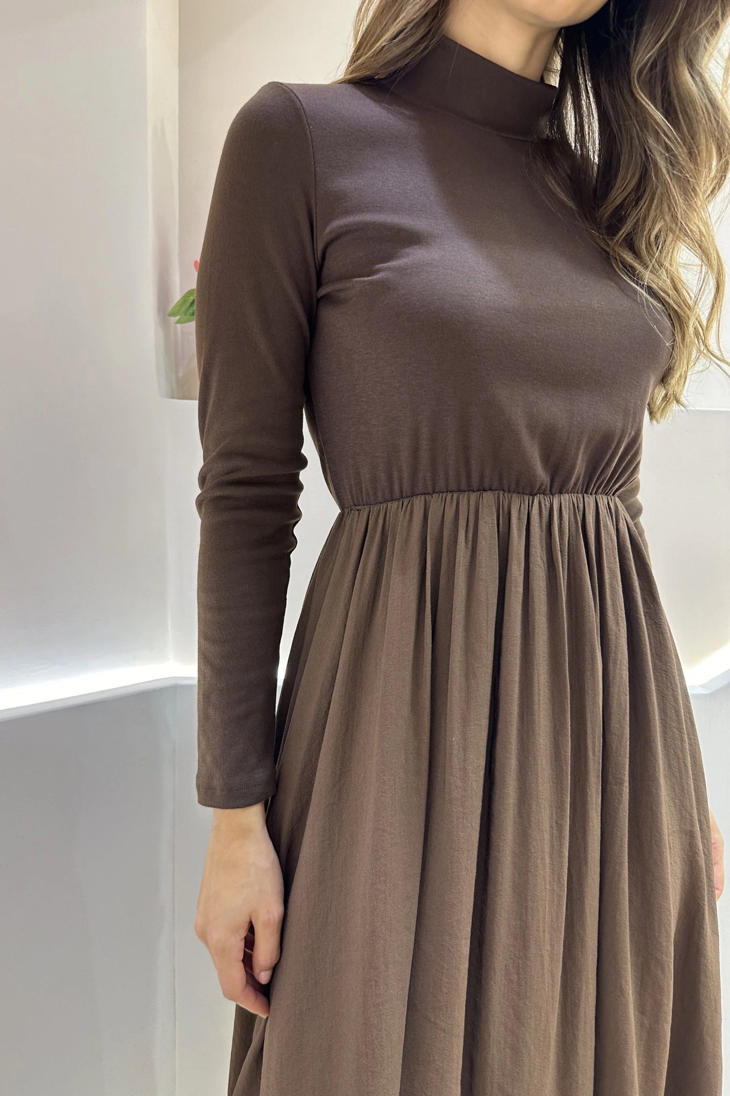 Chocolate Bi Material Balloon Hem Dress