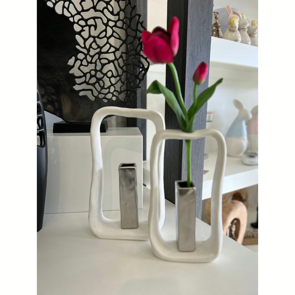 Kayla Vase - Pottery White and Silver