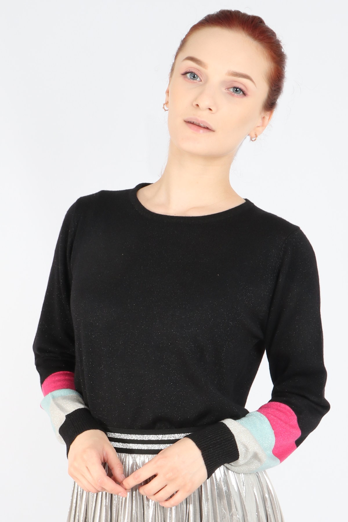 Black Rainbow Cuff Lurex Knitted Jumper: Medium (12-14)