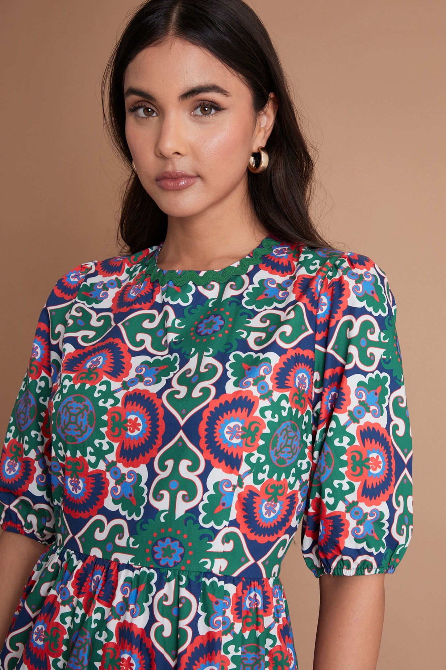 Poplin Puff Sleeve Tiered Midi Geo Print Smock Dress Red
