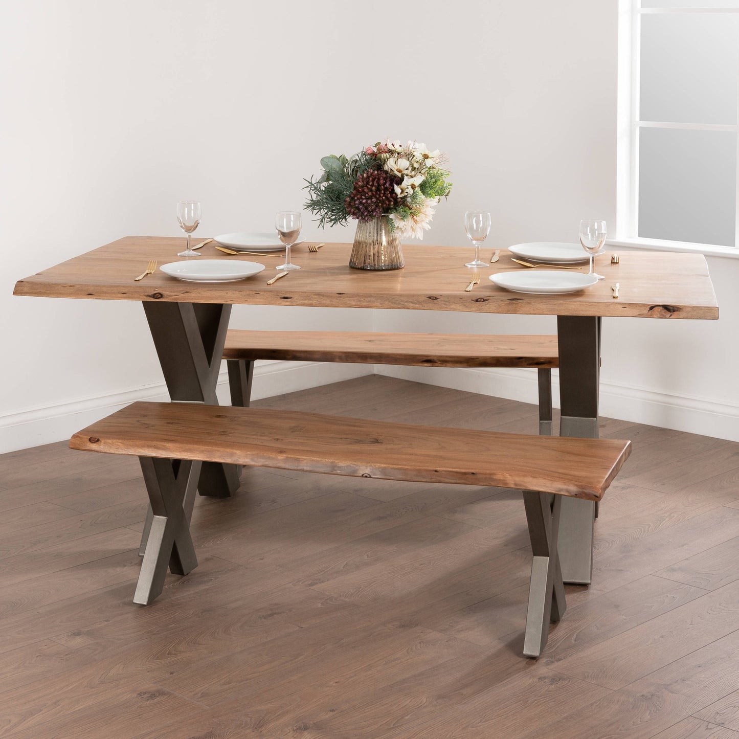 Live Edge Collection Dining Bench - Grey Metal X Leg