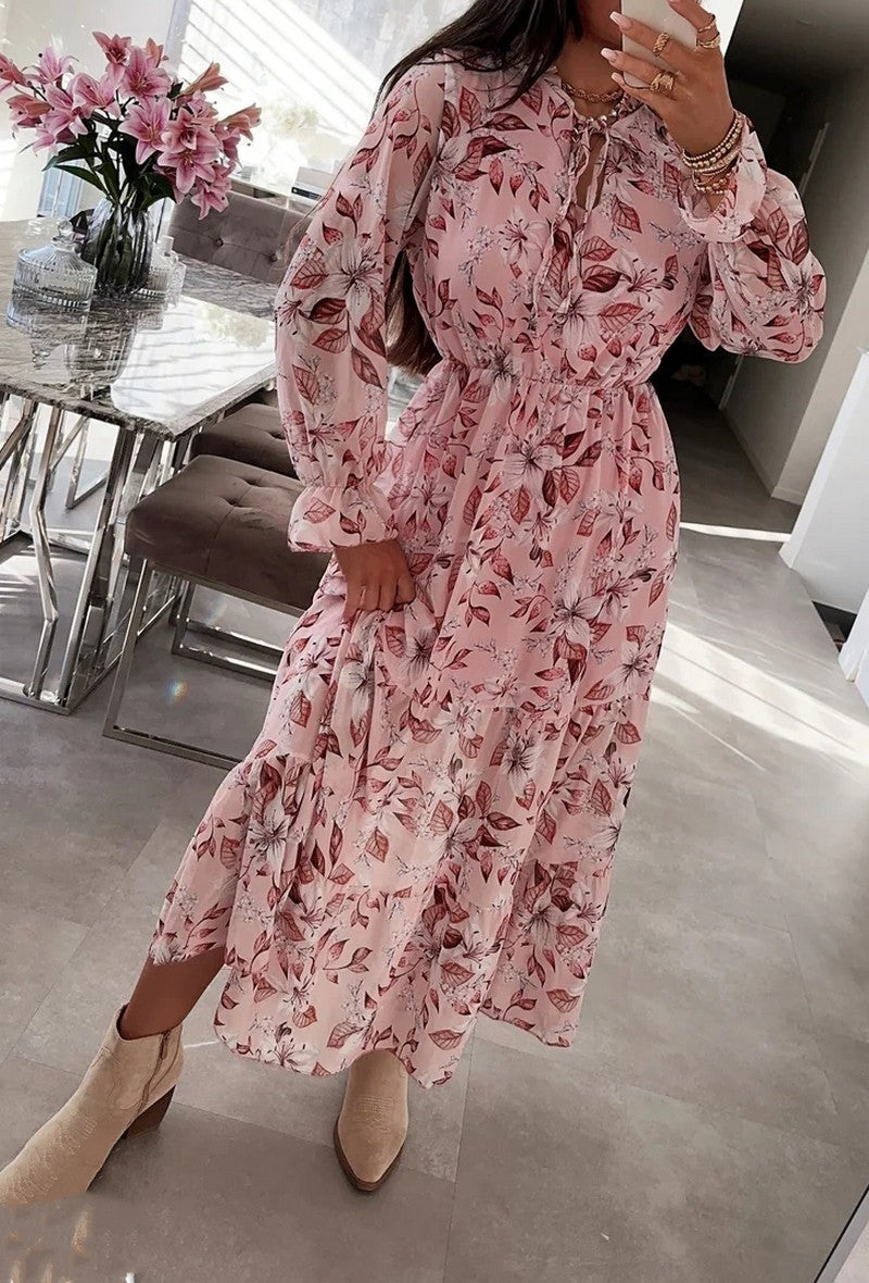 Pink Floral Elasticated Midi Dress