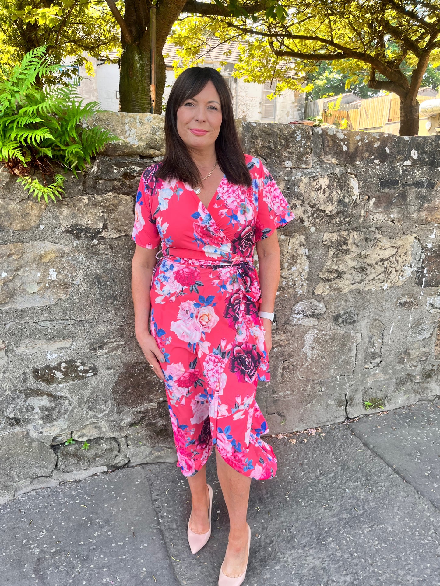 Coral Ruffle Hem Wrap Dress