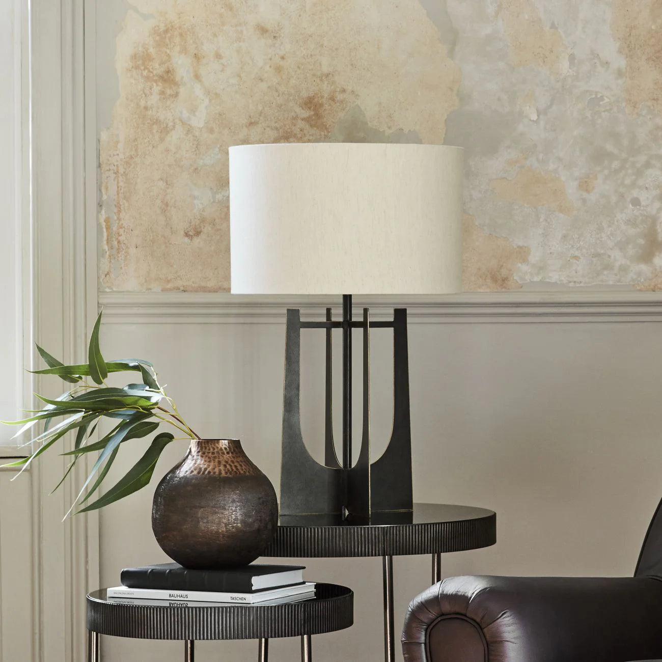 Libra Hammered Iron Table Lamp Gilded Oak with Irish Linen Shade