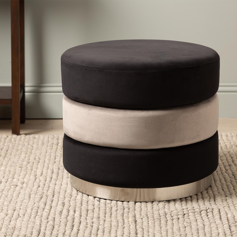 Black & Grey Round Velvet Stool