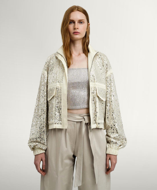 Access Fashion Champagne Satin Sequin Bomber Jacket