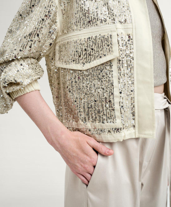 Access Fashion Champagne Satin Sequin Bomber Jacket