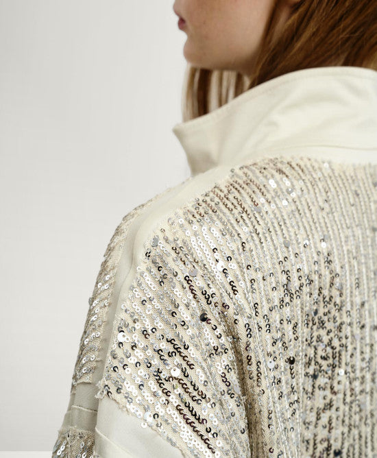 Access Fashion Champagne Satin Sequin Bomber Jacket