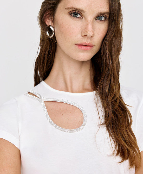 Access Fashion Cut Out Rhinestone T-Shirt - White