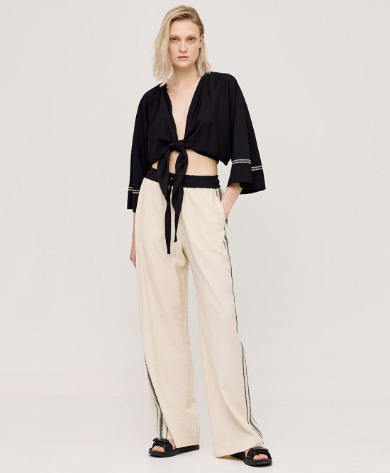 Access Fashion Cropped Tie Blouse with Bell Sleeves