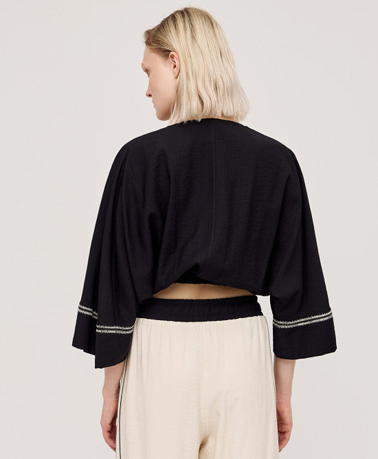 Access Fashion Cropped Tie Blouse with Bell Sleeves