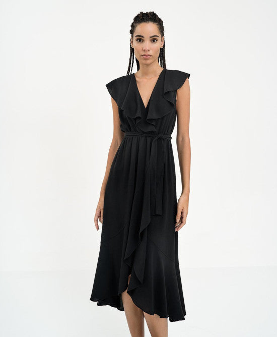 Access Fashion Sleeveless Dress with Ruffles - Black
