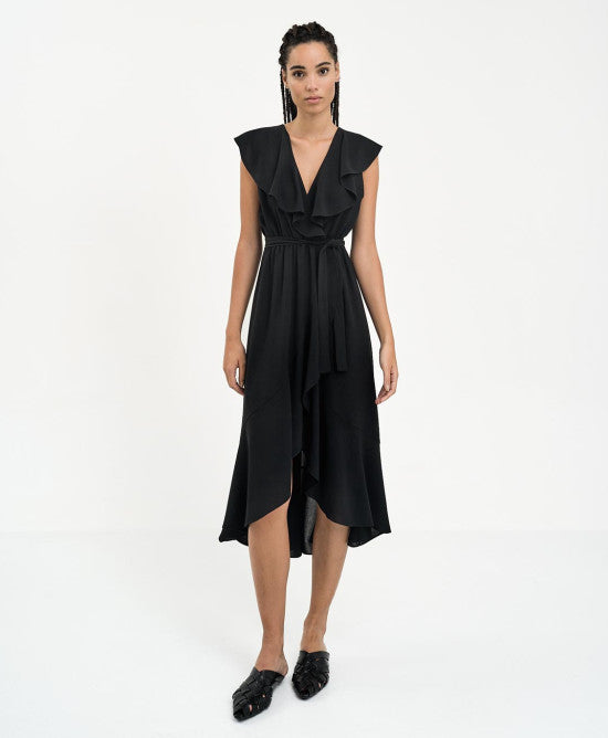 Access Fashion Sleeveless Dress with Ruffles - Black