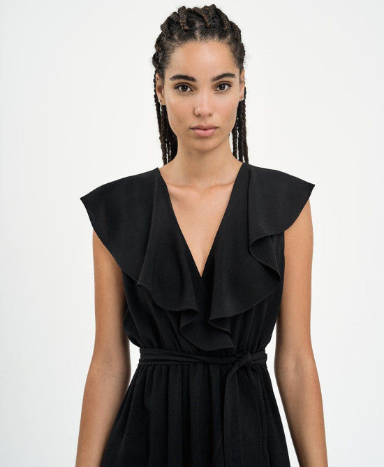 Access Fashion Sleeveless Dress with Ruffles - Black