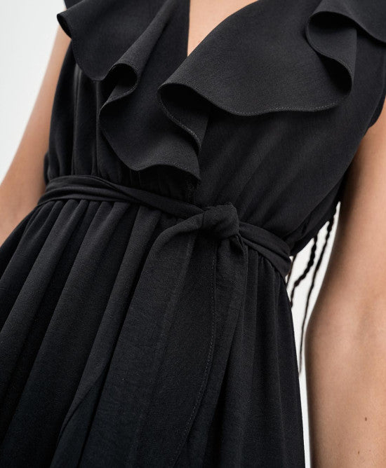 Access Fashion Sleeveless Dress with Ruffles - Black