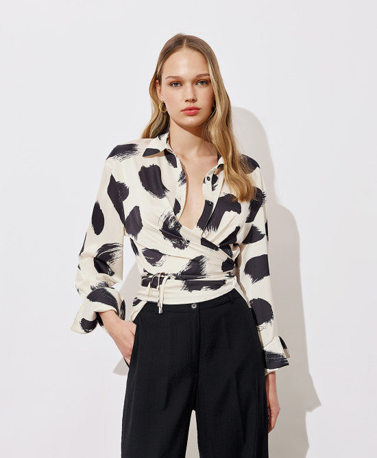 Access Fashion Satin High Lo Printed Wrap Blouse