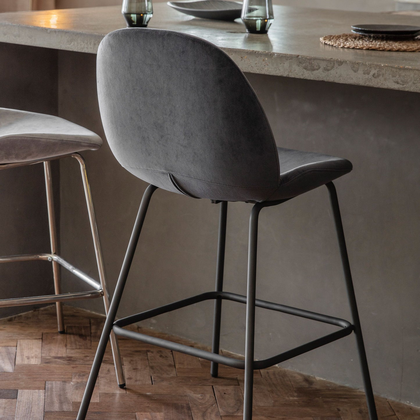 Dark Grey Velvet Bar Stool with Black Legs (2pk)