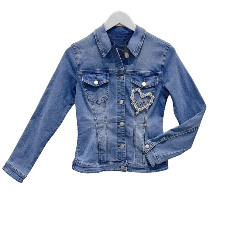 Stretch Denim Jacket with Diamanté Heart Appliqué