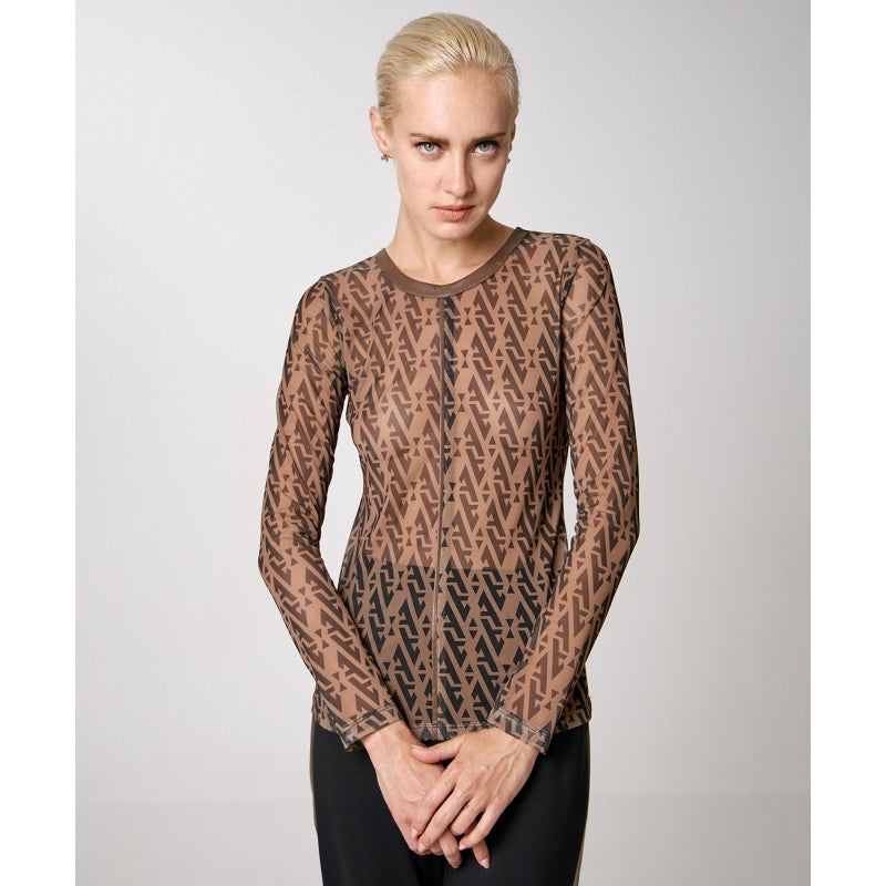 Access Fashion Mesh Top with Faux Leather Accents - Chocolate