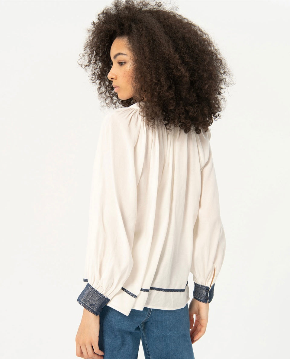 Surkana White blouse with Blue Crochet Accents