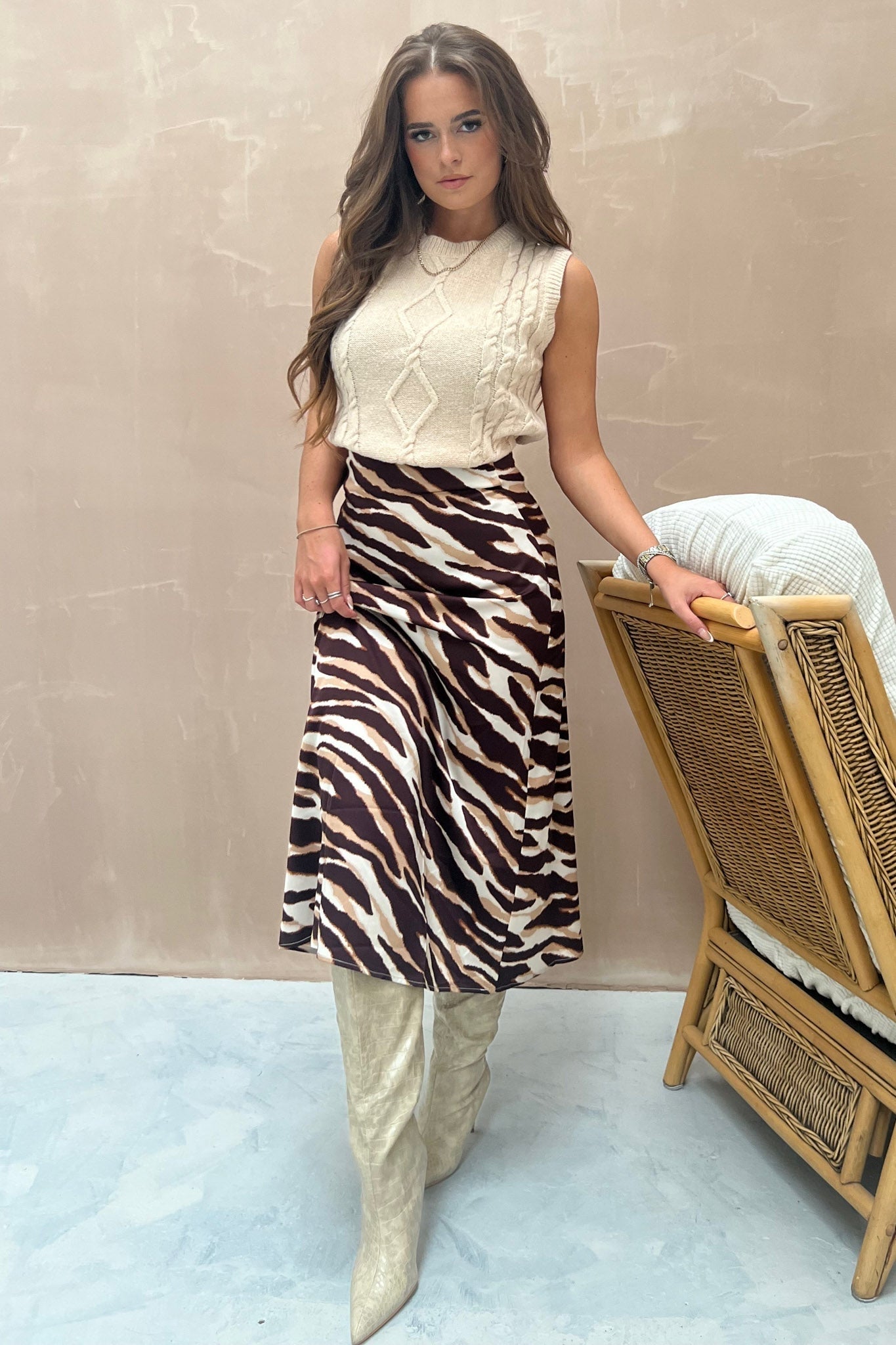 Brown Zebra Print Midi Skirt