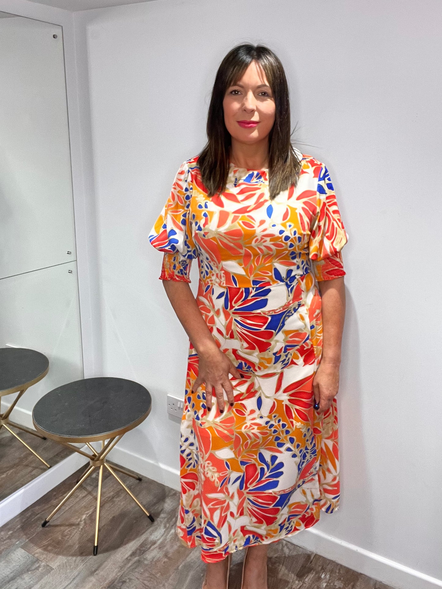 Shayla Orange Shirred Cuff Midi Dress