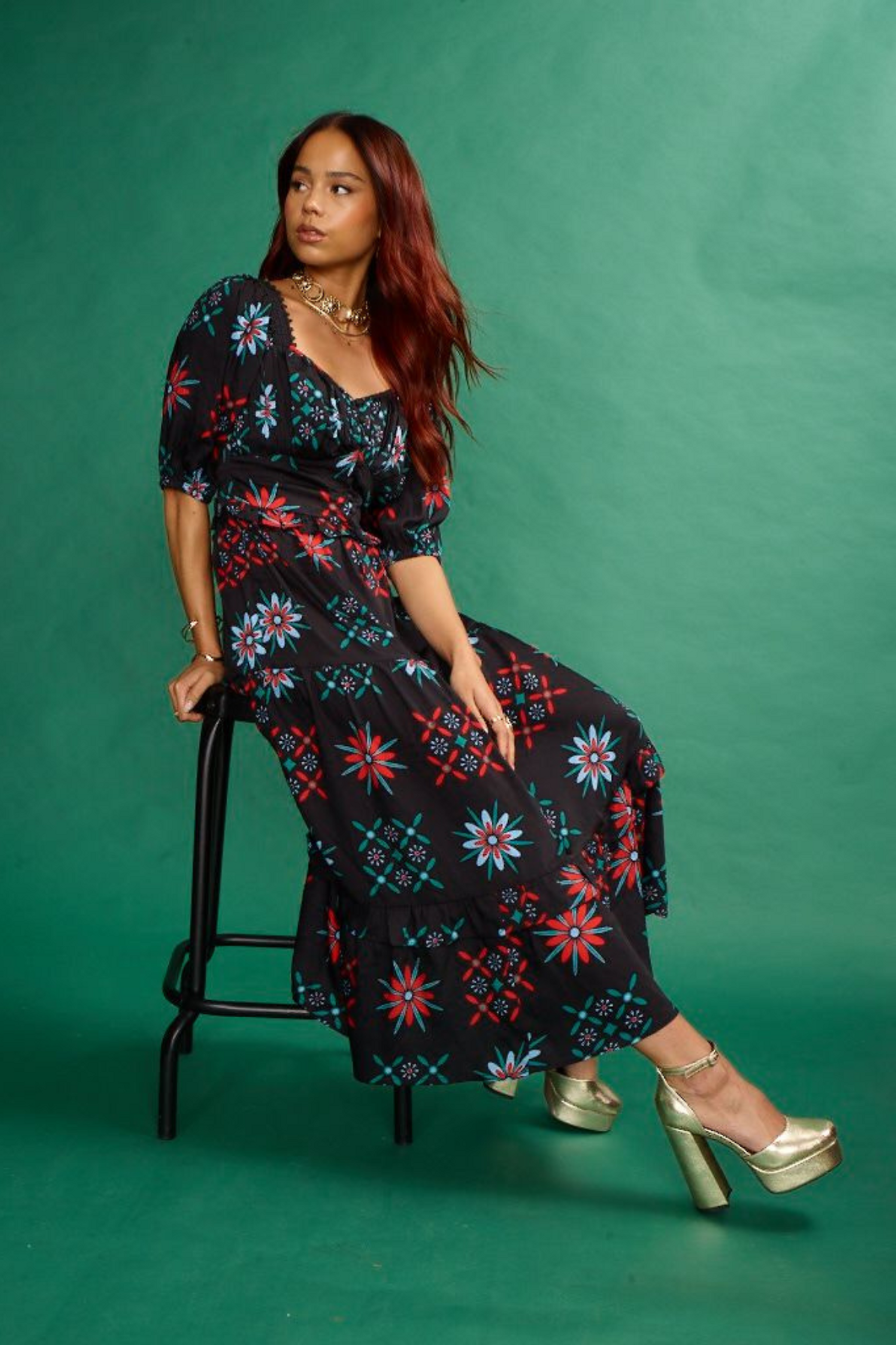 Milkmaid Midi Dress With Lace Trim Detail In Black Geo Print – All