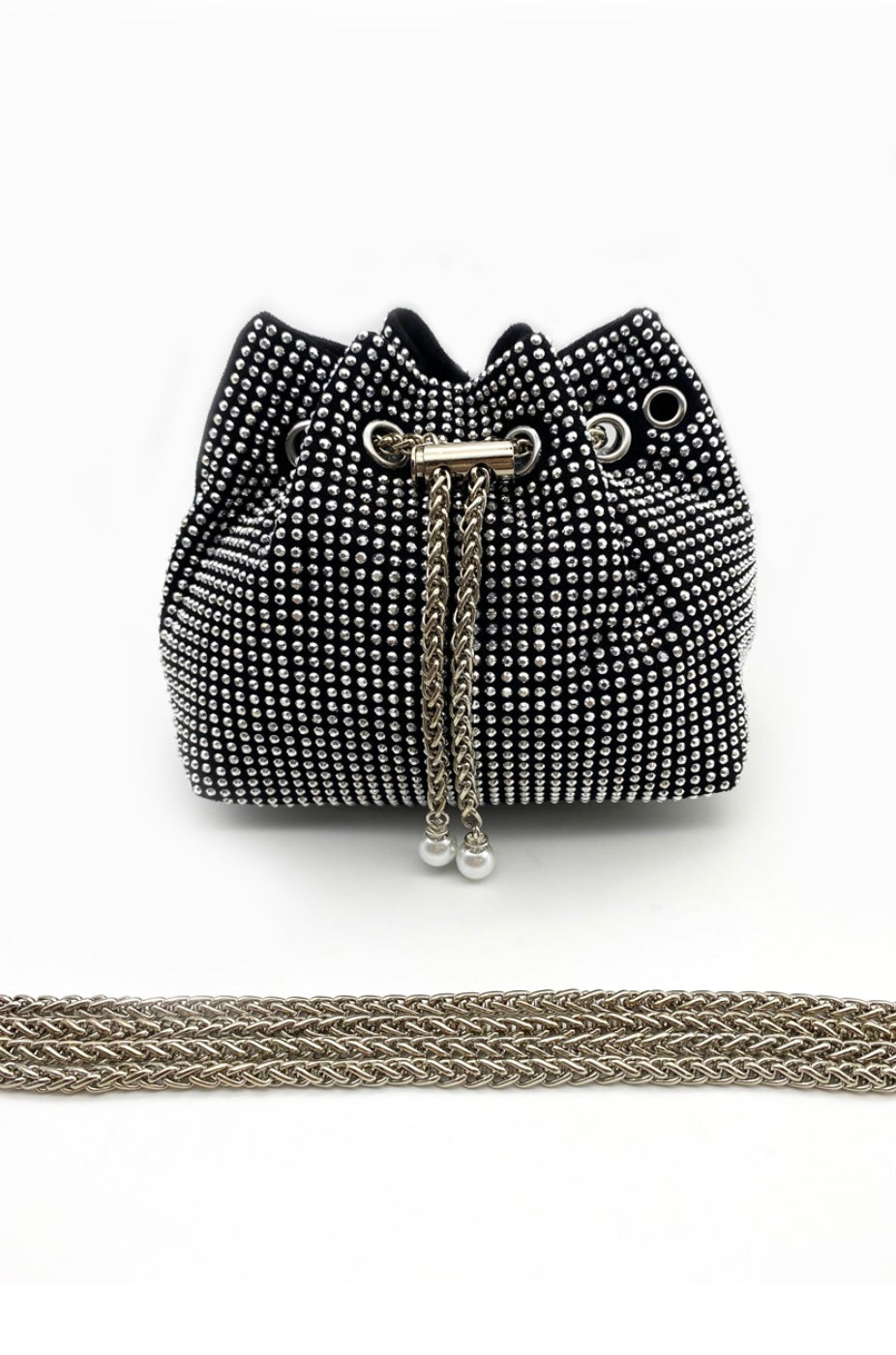 Studded Drawstring Bucket Bag with Chain Strap - 2 Colours