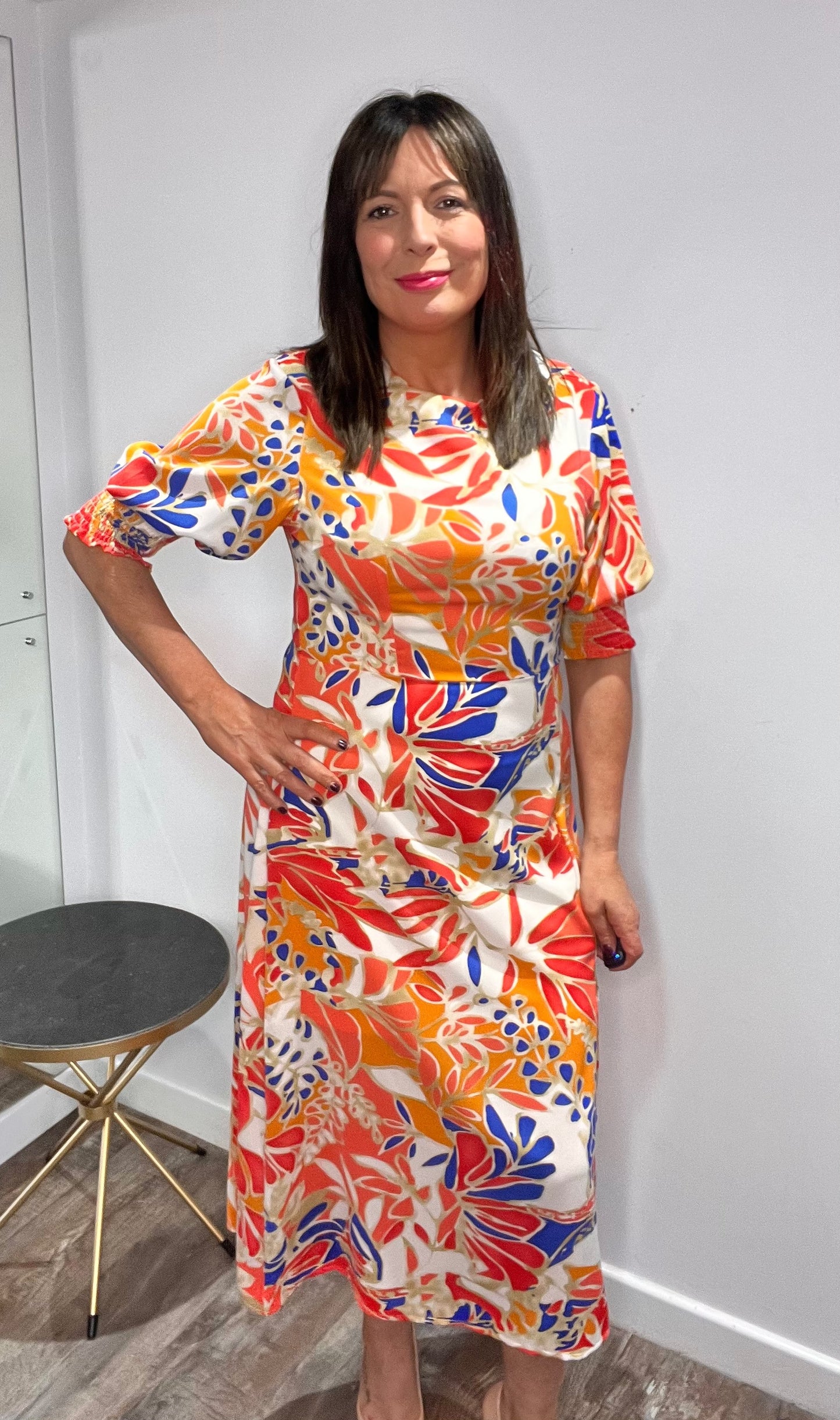 Shayla Orange Shirred Cuff Midi Dress