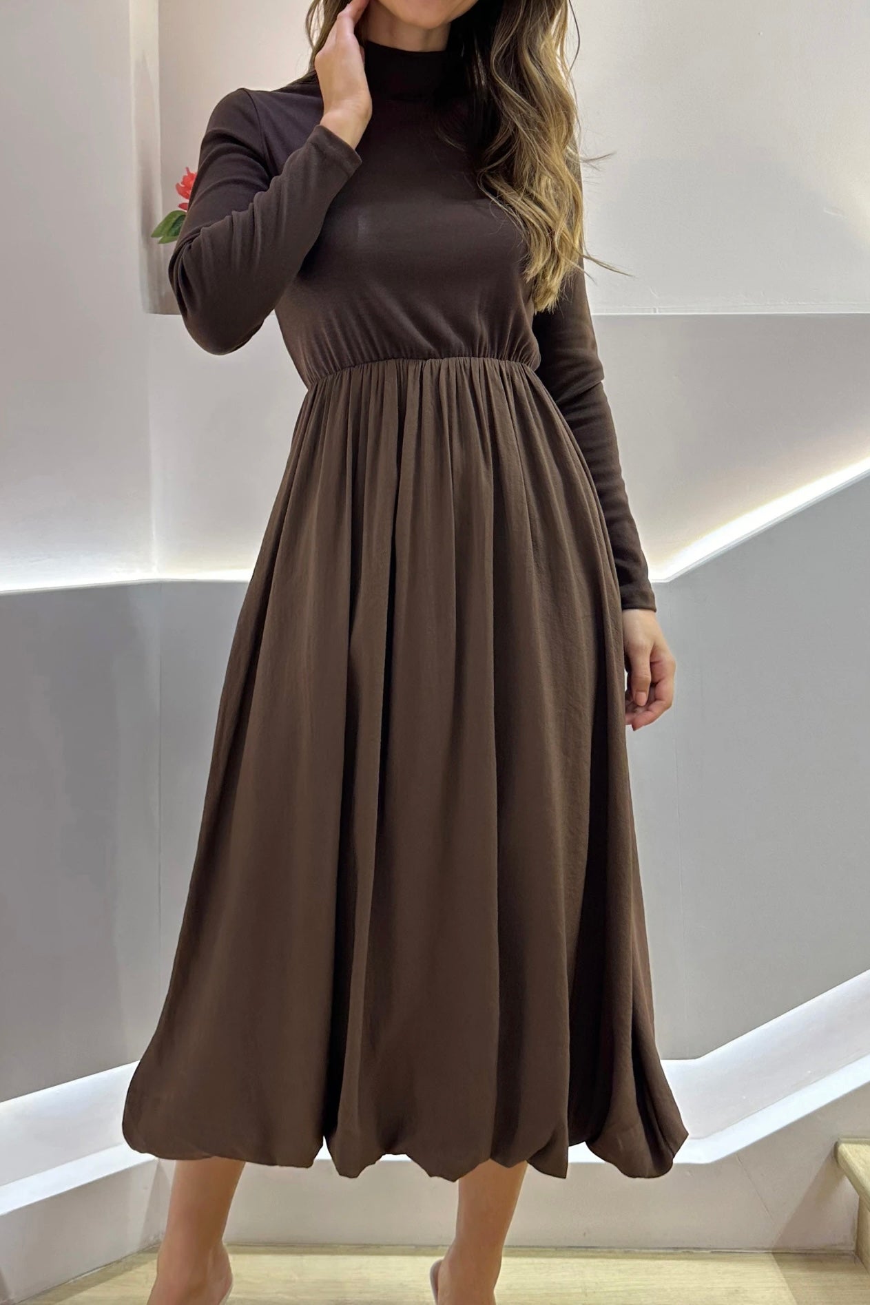Chocolate Bi Material Balloon Hem Dress