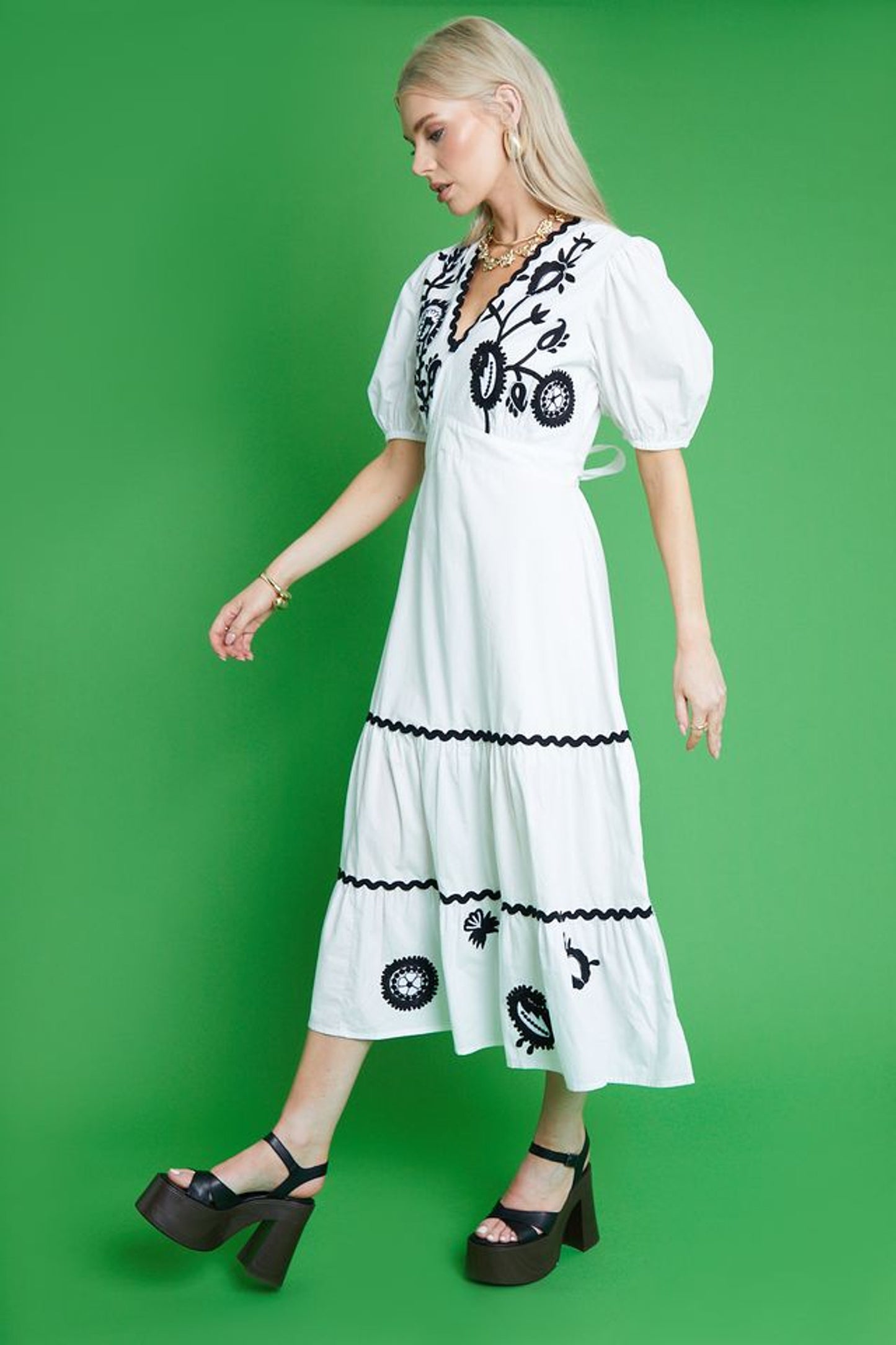 Embroidered Mono Tiered Trim Detail Puff Sleeve Midi Dress