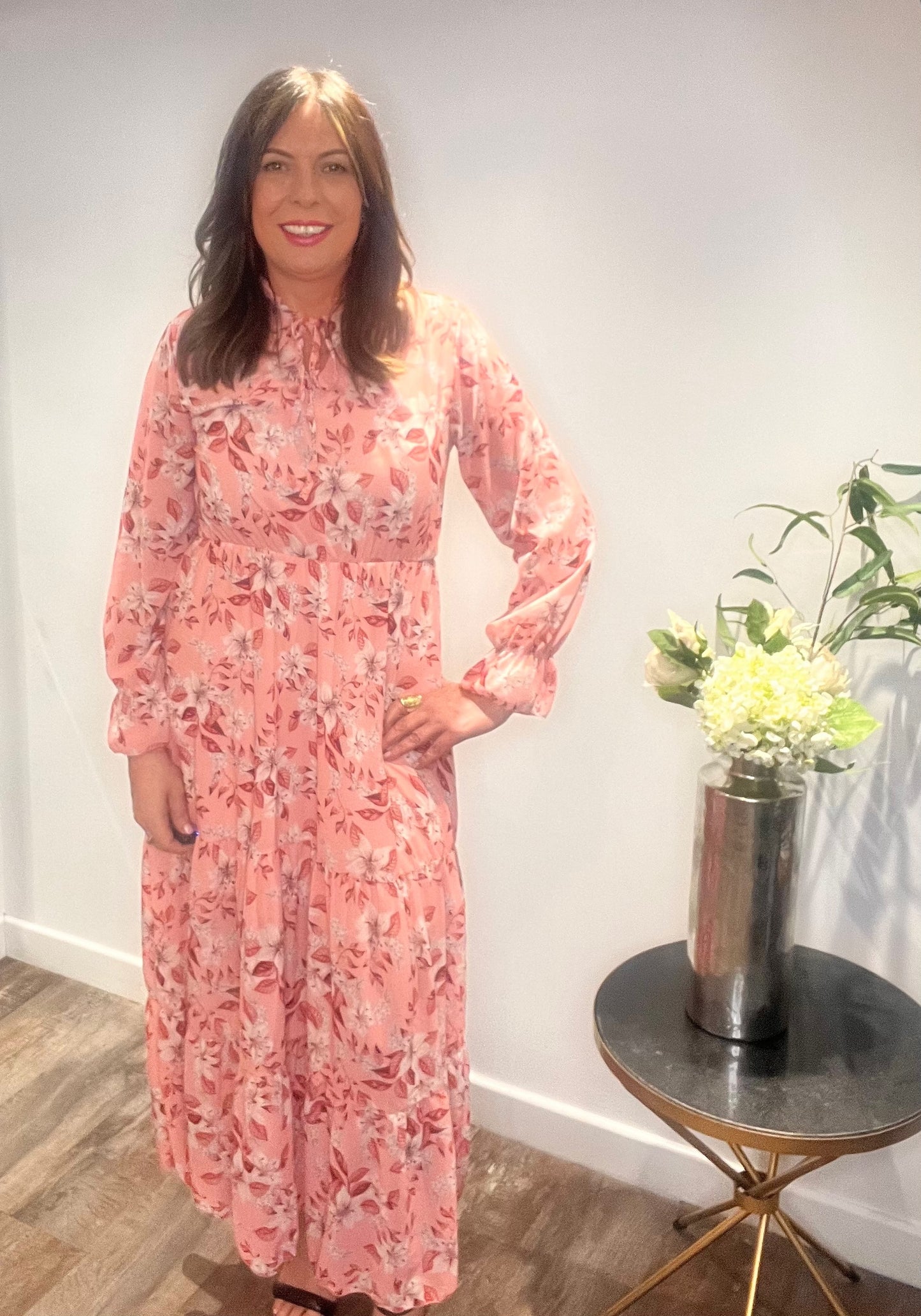 Pink Floral Elasticated Midi Dress