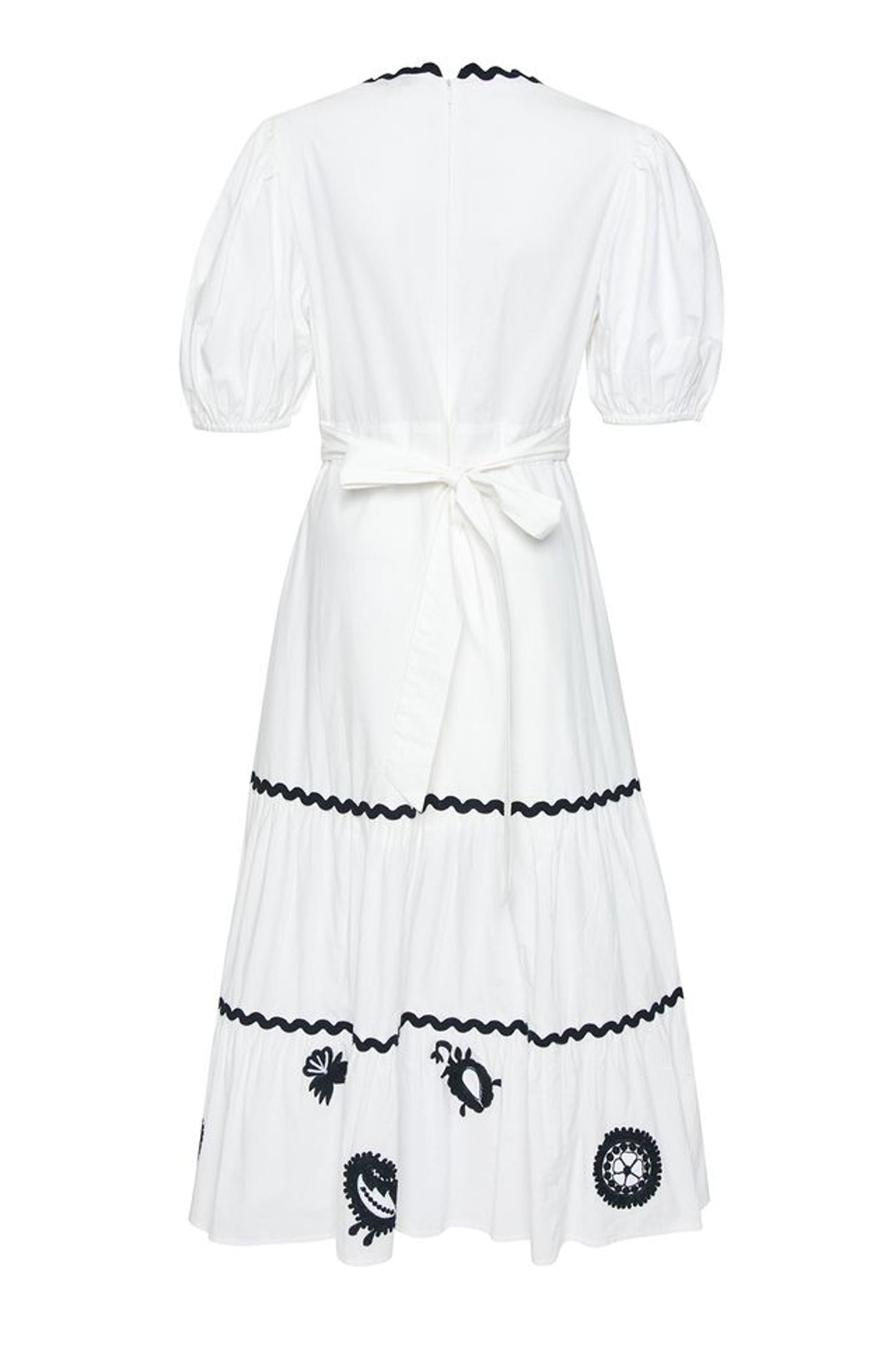 Embroidered Mono Tiered Trim Detail Puff Sleeve Midi Dress