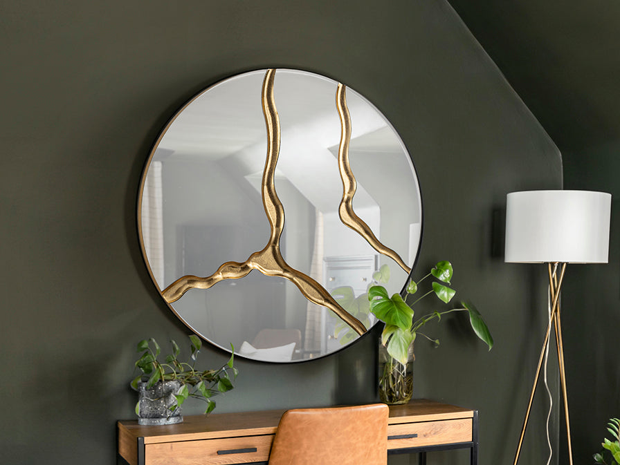 Signature Collection - Surcos Gold Leaf Large Round Statement Mirror - 100cm