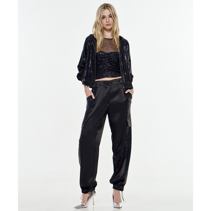Access Fashion Black Satin and Sequin Cargo Pants