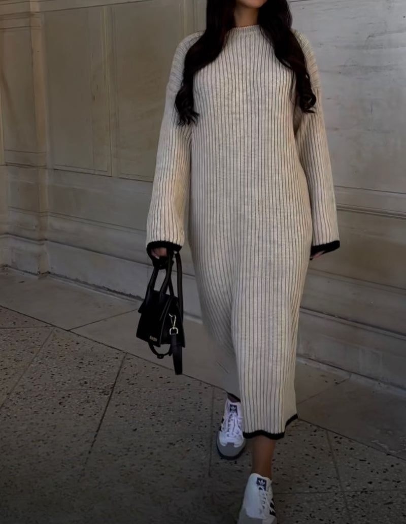 Long Sweater Dress with Contrast Cuff & Hem