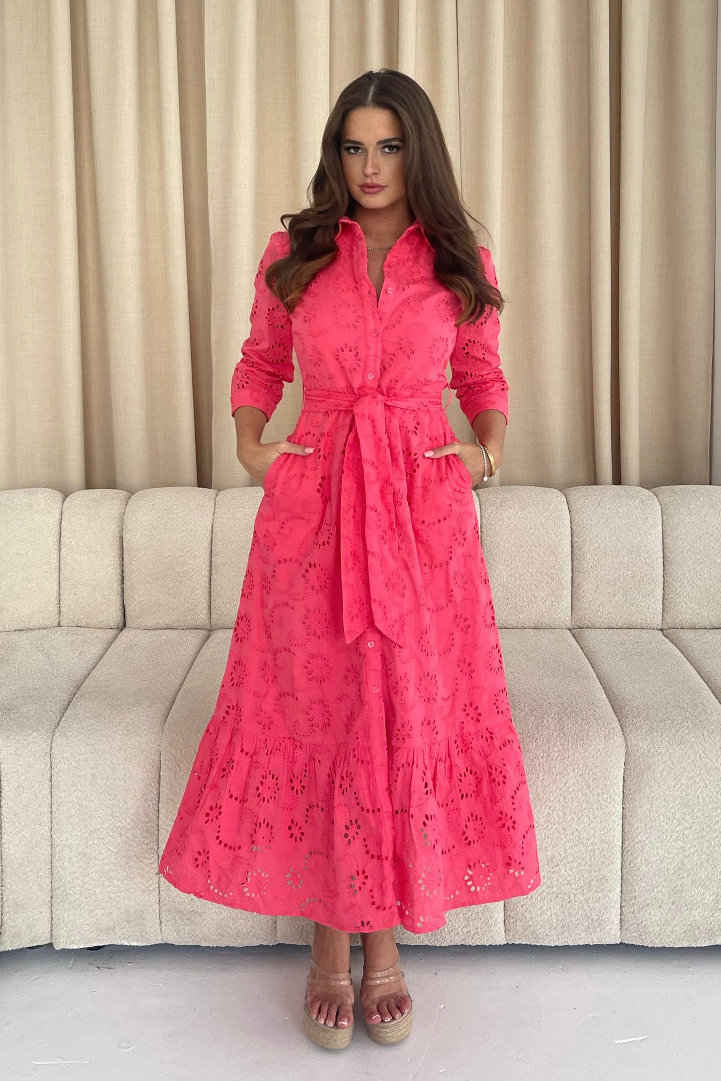 Michelle Broidery Shirt Maxi Dress - Coral