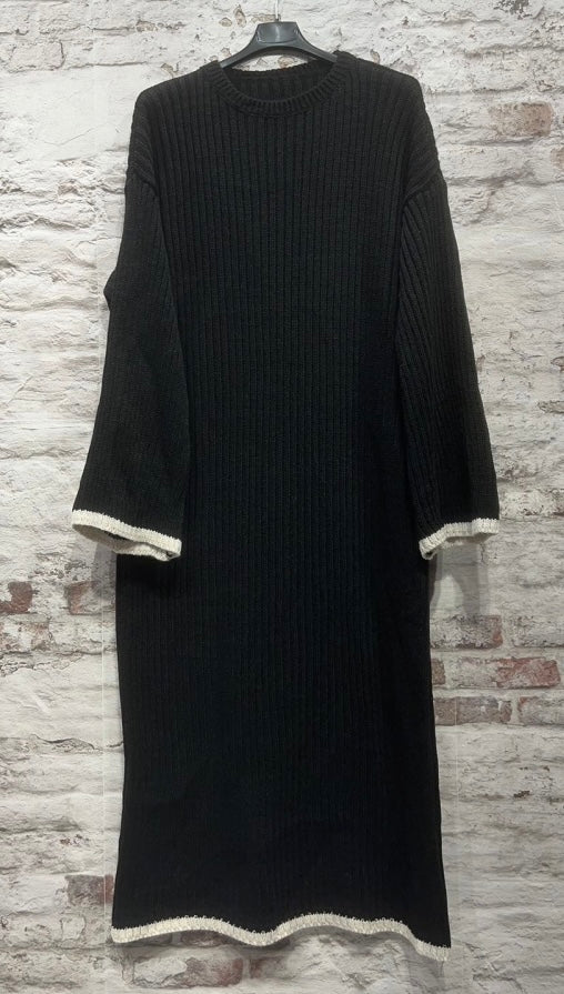 Long Sweater Dress with Contrast Cuff & Hem