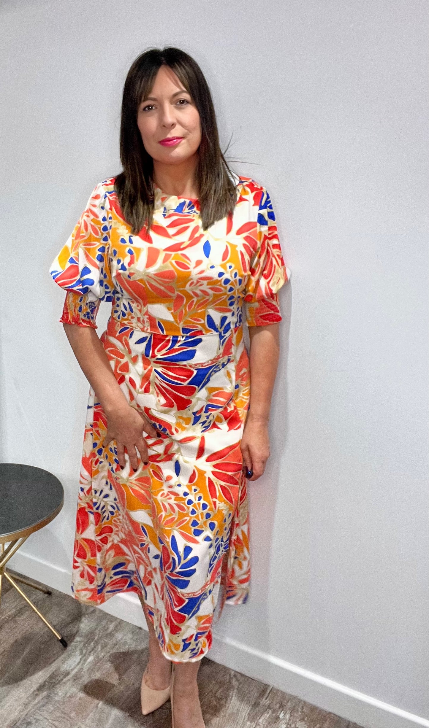 Shayla Orange Shirred Cuff Midi Dress