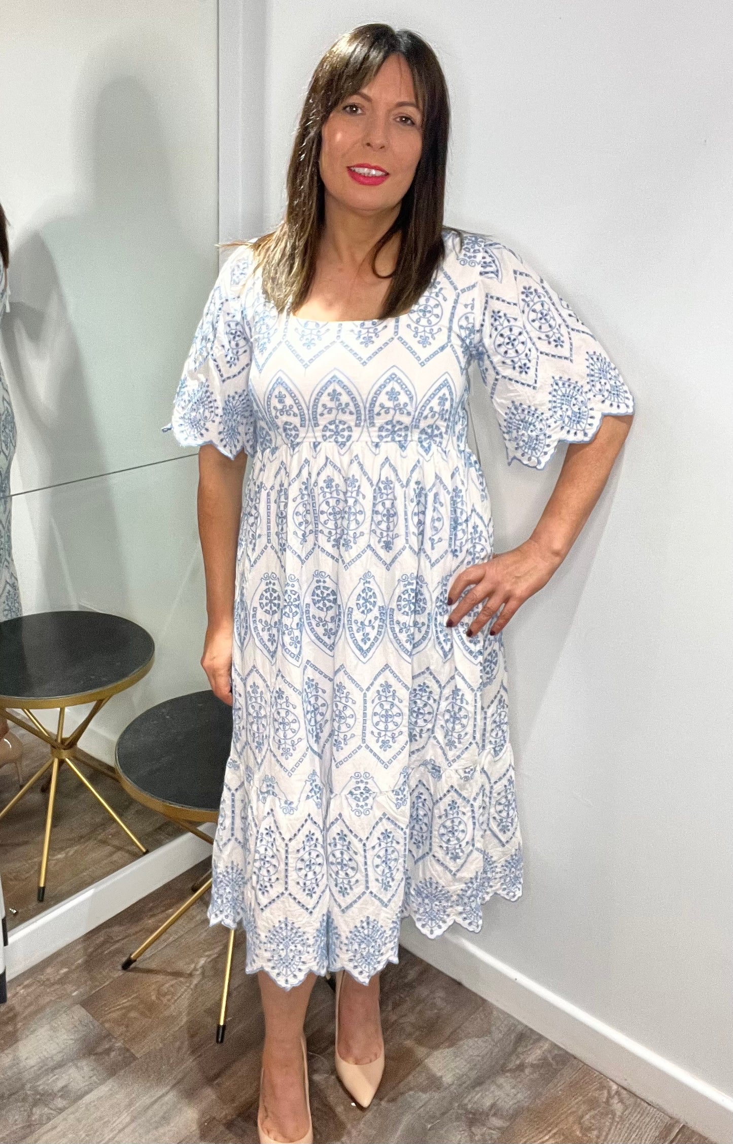 Aspen Two Tone Broidery Tiered Midaxi Dress Blue