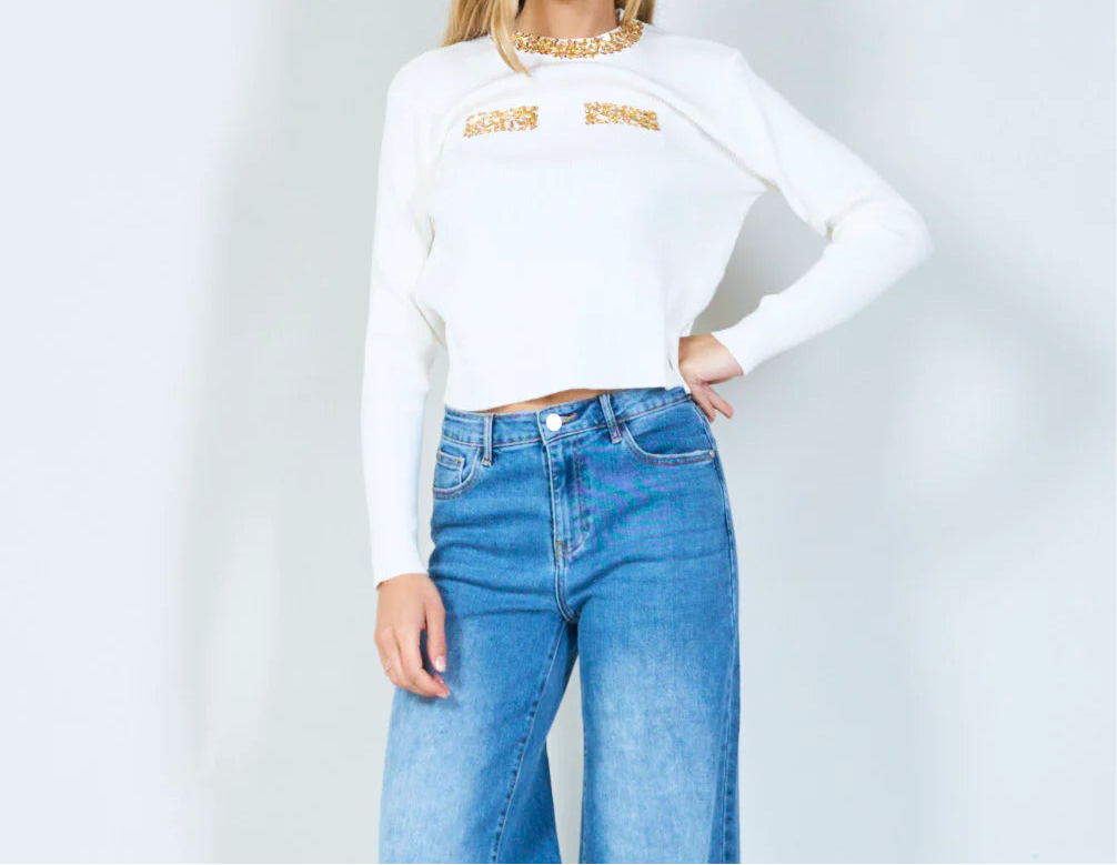 Long-sleeve sweater with sequin accents - 2 Colours