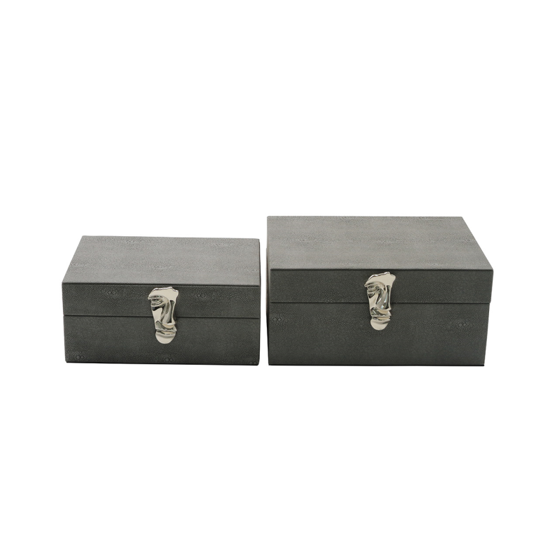 Set 2 Grey Faux Leather Jewellery/Display Boxes - Chrome Face Handles