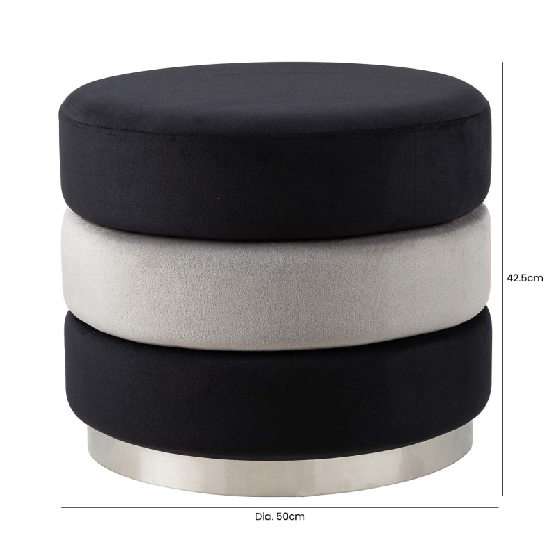 Black & Grey Round Velvet Stool