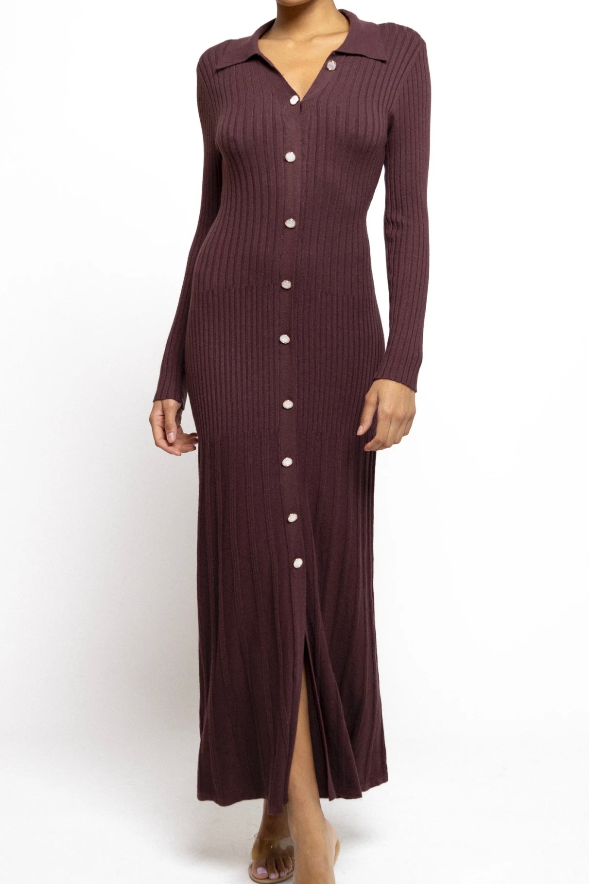 Soft Knitted Stretch Shirt Dress with Pearl Buttons - Plum