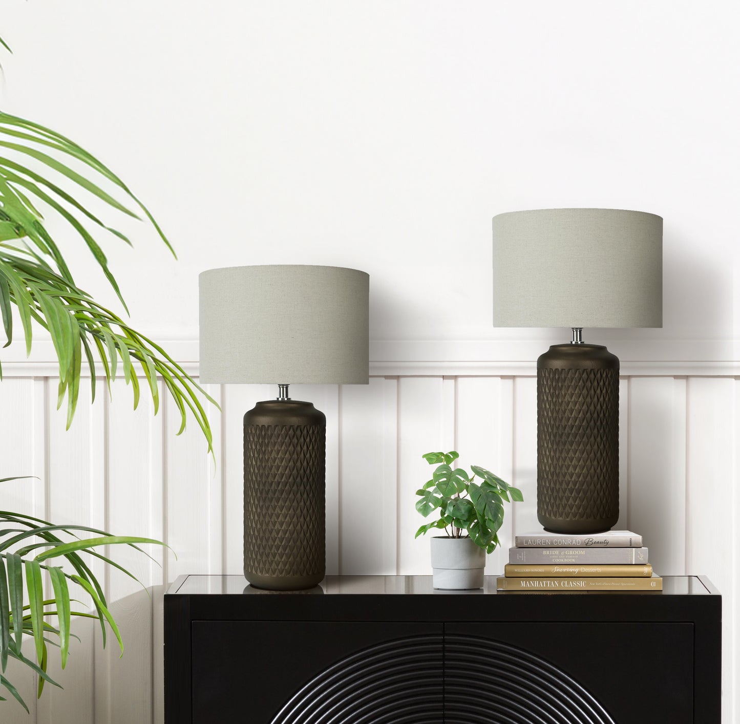 Brown Ceramic Textured Lamp - Beige Linen Shade - 50.5cm