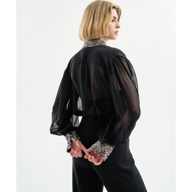 Access Fashion Sheer Blouse with Sequin Collar & Cuff