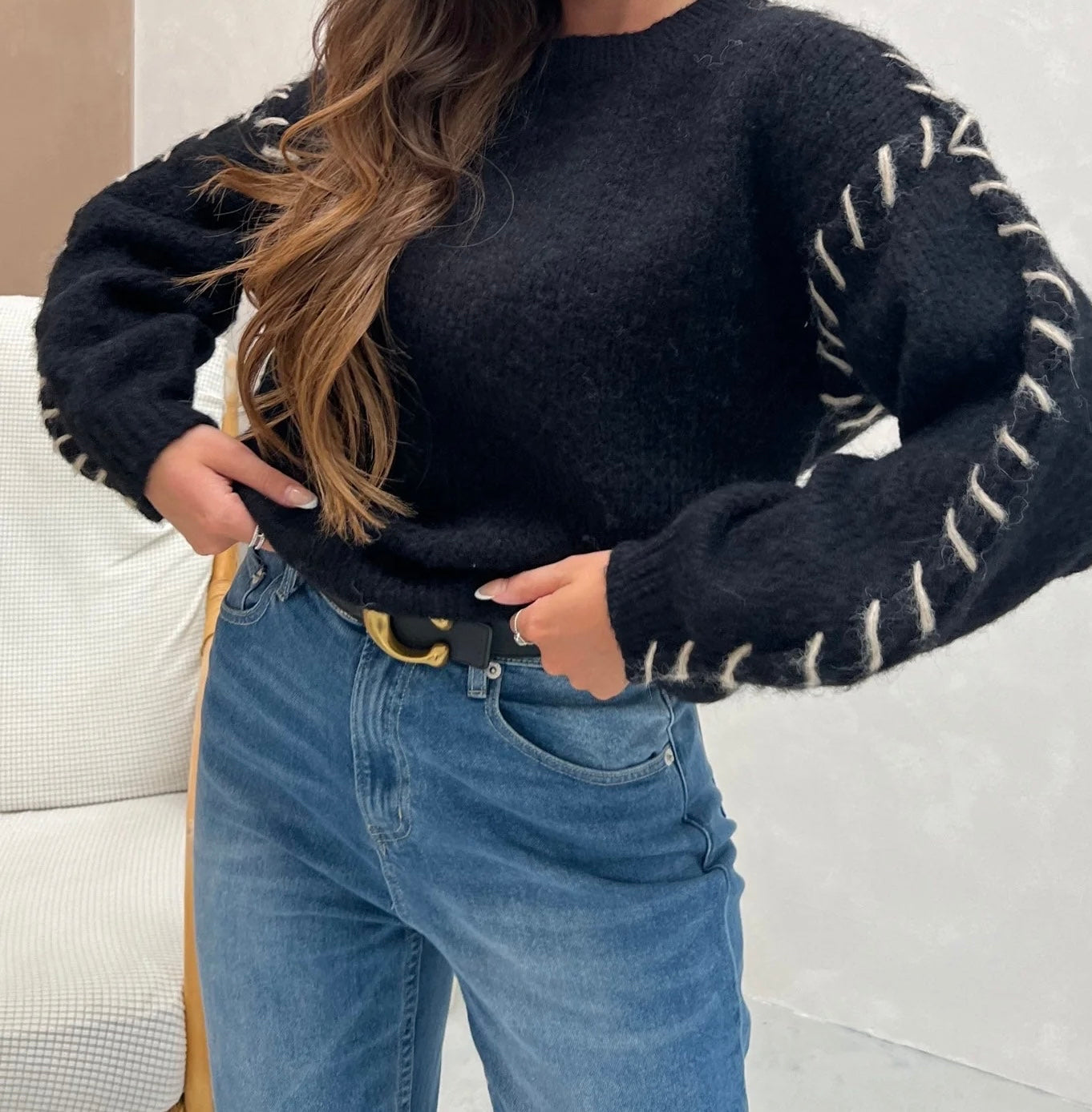 Contrast Stitch Detail Jumper - Black