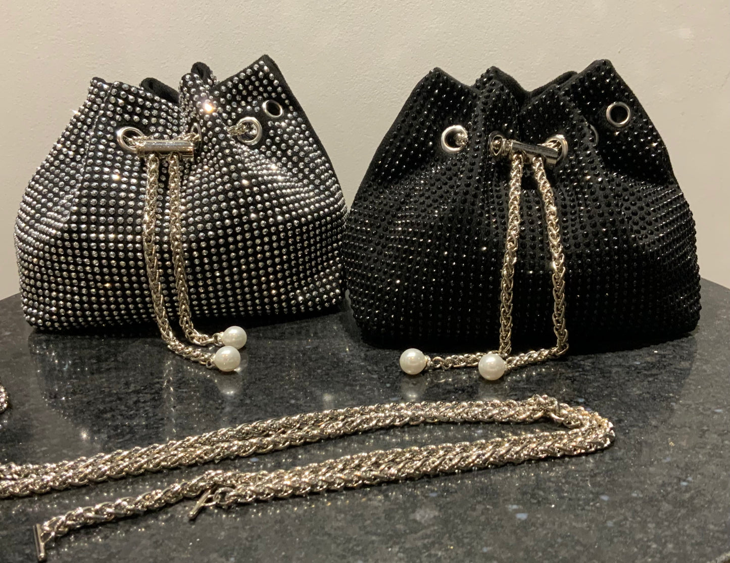 Studded Drawstring Bucket Bag with Chain Strap - 2 Colours