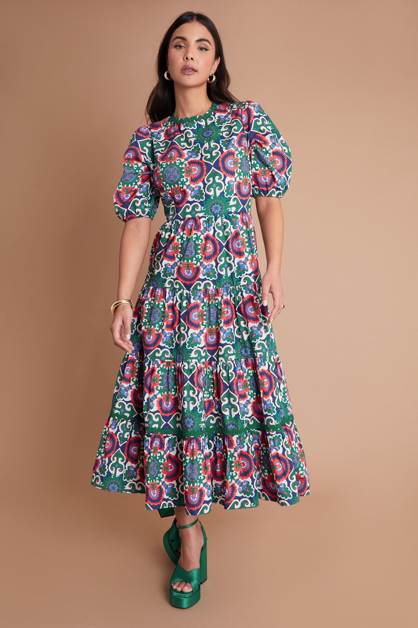 Poplin Puff Sleeve Tiered Midi Geo Print Smock Dress Red